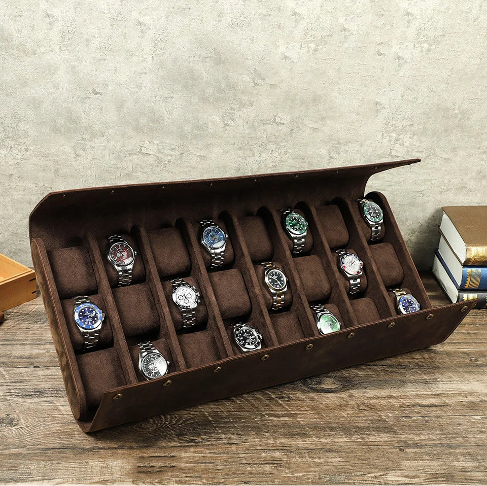 Vintage Luxury 24 Slot for Watches Display Case Organizer Handmade Crazy Horse Leather Watch Box Organizer
