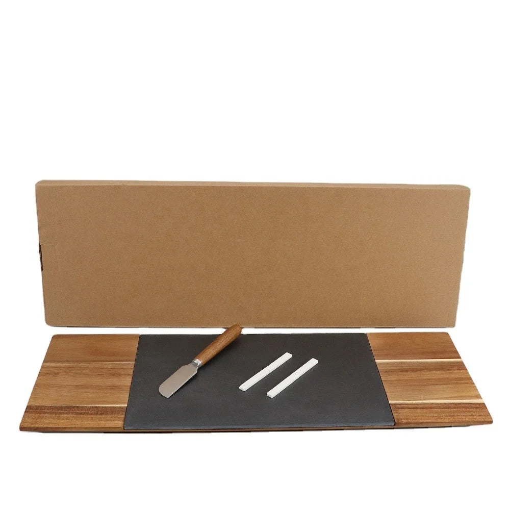 Large Eco-Friendly Acacia Wood Cheese Board Set with Stainless Steel Cheese Knife and Black Slate
