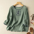 M-3XL Summer Cotton and Linen Three Quarter Sleeve Embroidered Blouse Artistic Retro Pullover Loose Chinoiserie Shirt