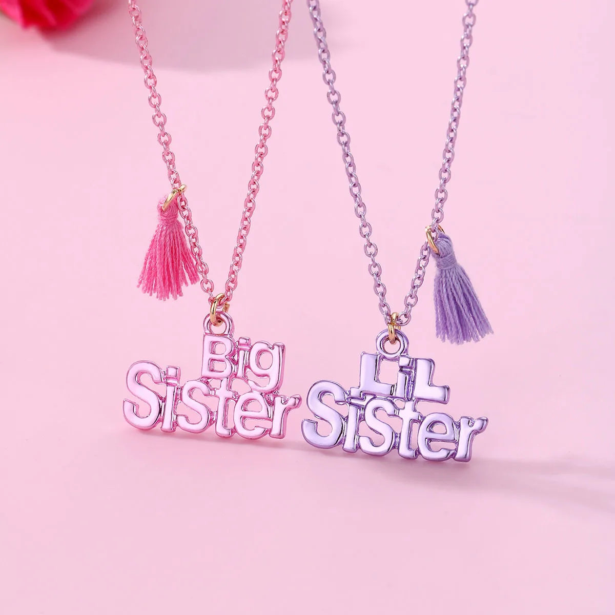 Sweet Pink and Purple Color Big Sister Lil Sister Pendant Best Friend Necklace for Kids Children BFF Friendship Jewelry Gift
