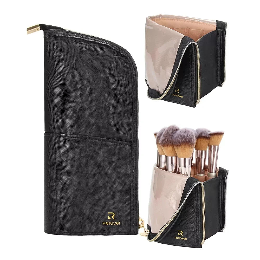 Relavel Cosmetic Bag Artist Black Leather Storage Bag Stand-up Folding  Cup Travel Makeup Case Makeup Brush Holder