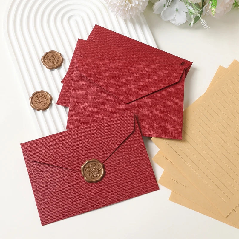 Linen White Vine Red Greeting Cards Envelope Set Gold Stickers Square Stationery for Office Checks Invoices for Valentine's Day