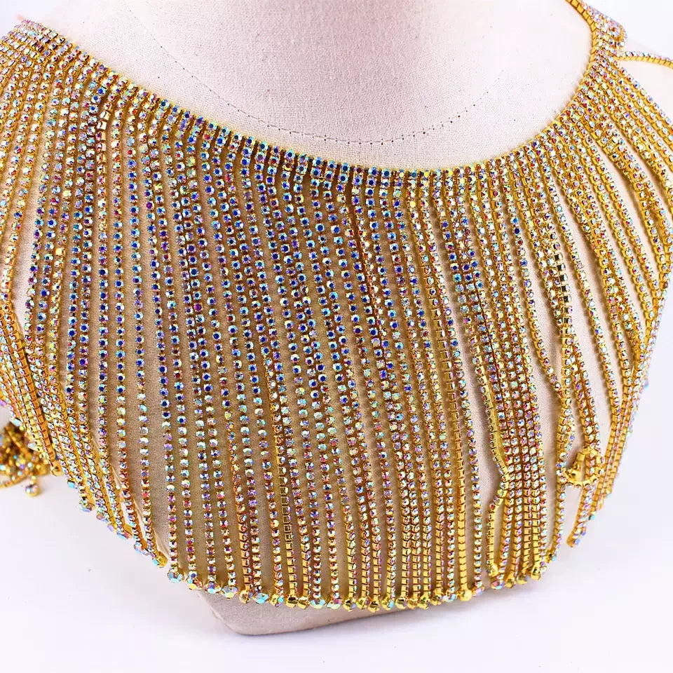 100mm Width Gold Plating Trimming Tassel Fringe Trim With TearDrop Rhinestone Sew on Chain