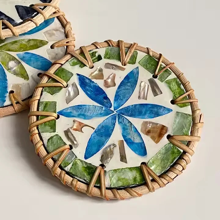 Colorful Rattan Placemat Woven Rattan Shell Coaster Insulated Tea Cup Mat Tea Table Handmade Shell Mat Decorative