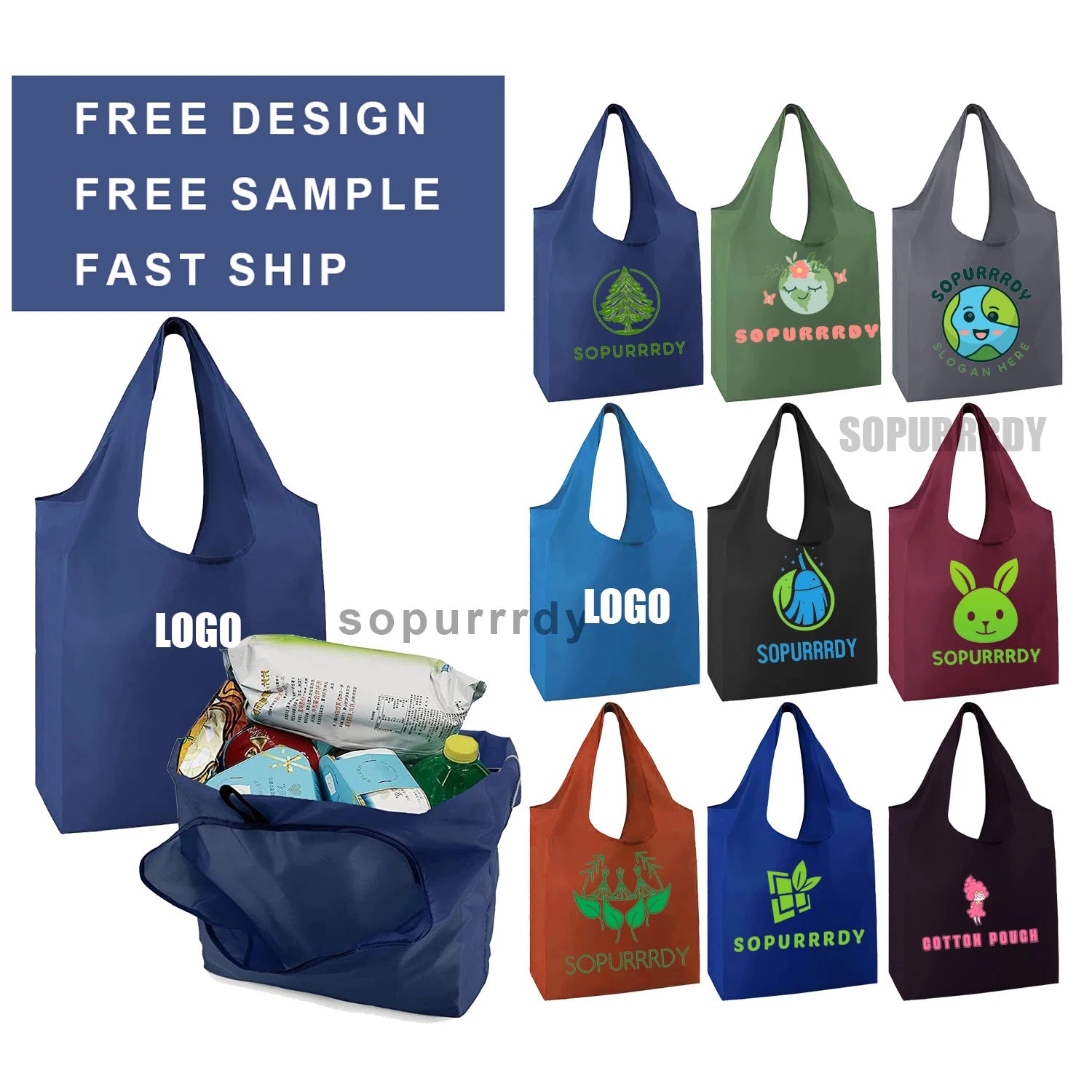 Lightweight Nonwoven Polyester Foldable Ripstop Nylon Bags Reusable Folding Oxford Waterproof Shopping Bag With Small Pouch
