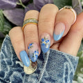 24 Pcs French Blue Gradient Fresh Flowers Short Almond Art Acrylic Press on Nails Artificial Fingernails False Nails 3610