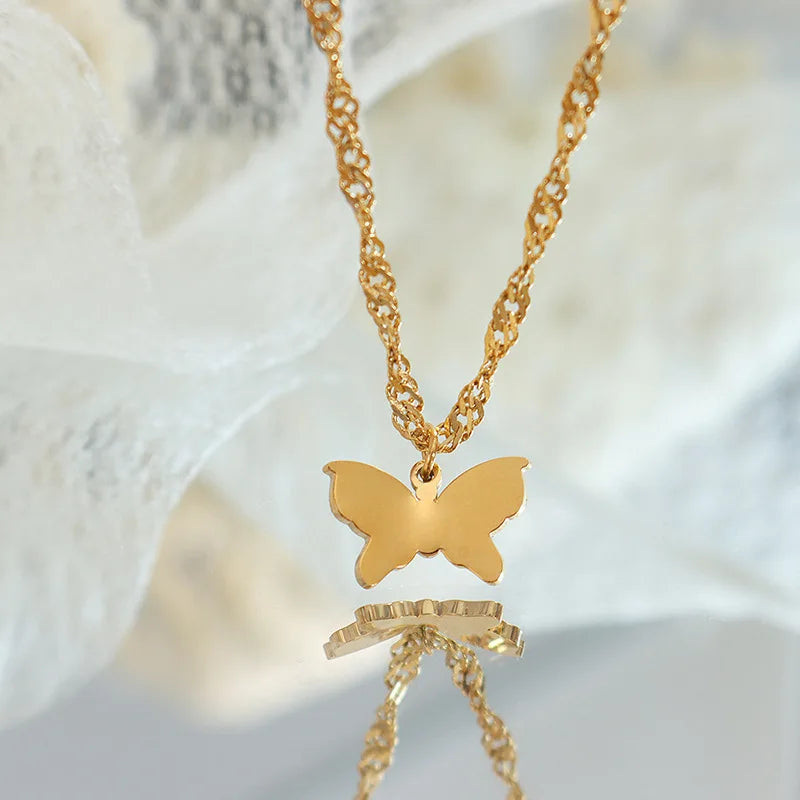 Luxury Stainless Steel Link Chain Butterfly Jewelry Blade Chain Smooth Butterfly Pendent Necklace
