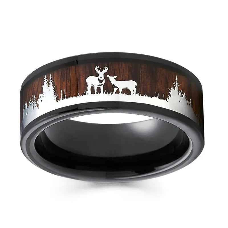 Newest Jewelry Vintage Brown Rings Wood Grain Rings Deer Stainless Steel Ring Men