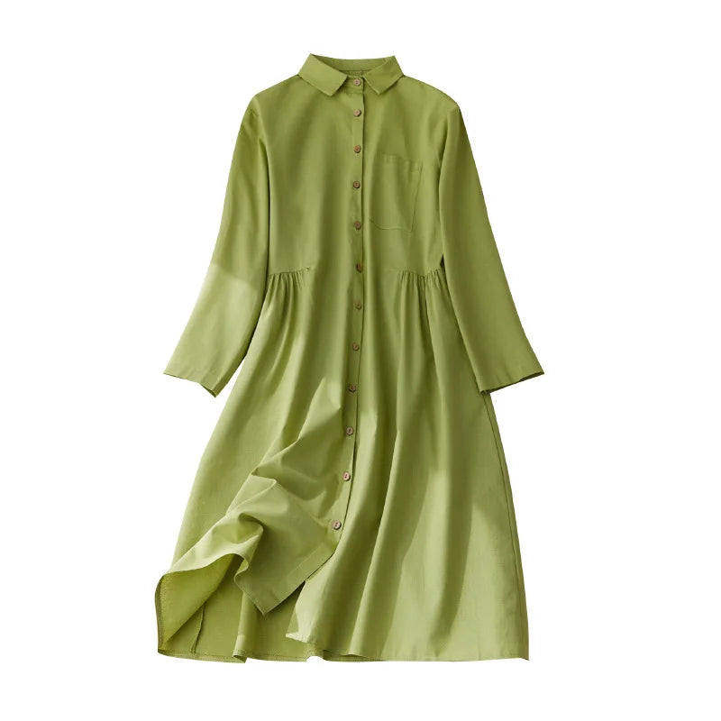 M-XXL Spring New Loose Solid Cotton Hemp 3/4 Sleeve Dress Women's Mid Length Single Breasted Shirt Dress