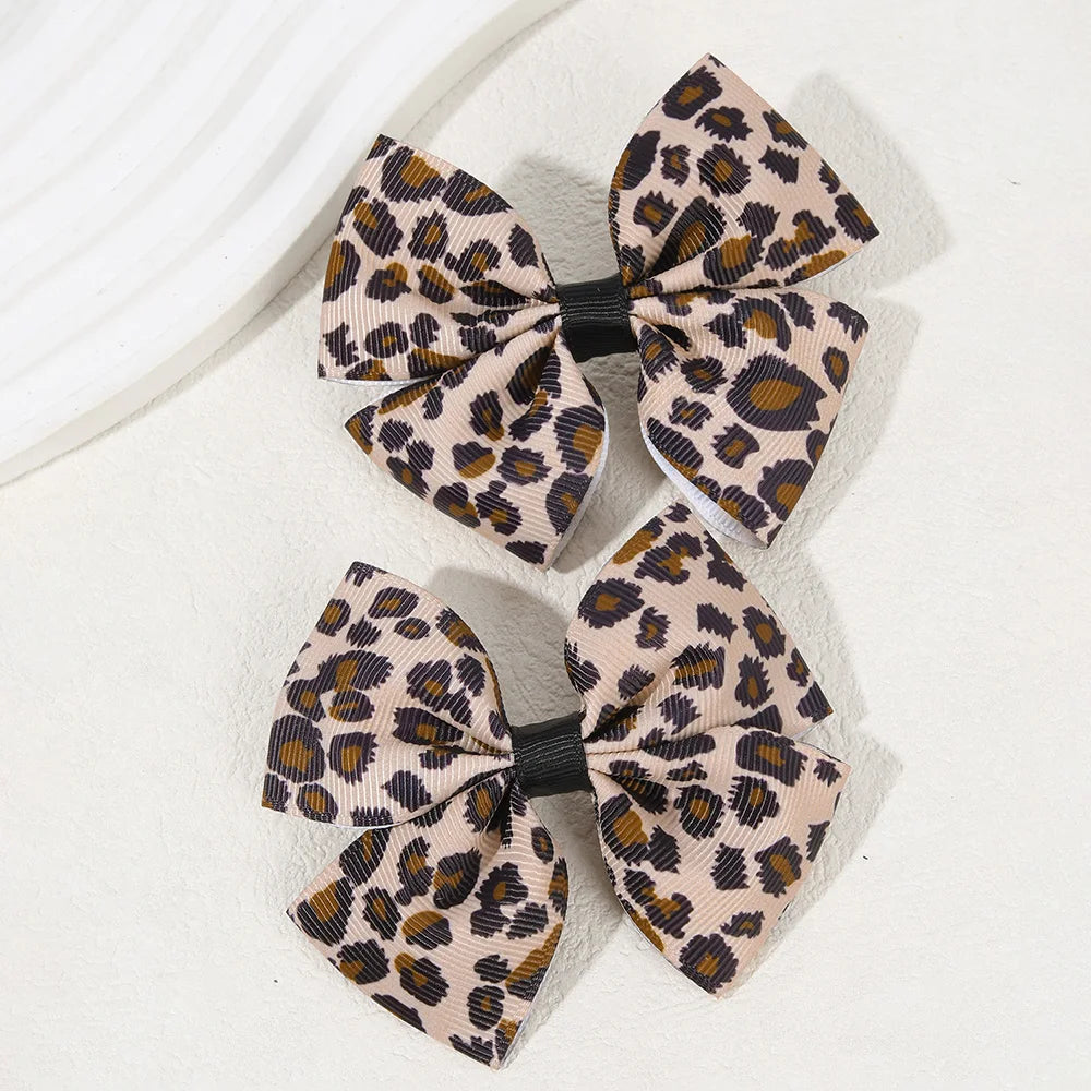 CN 2Pcs Boutique Grosgrain Ribbon Hair Bow Clip Print Leopard Hair Clip Girls Accessories