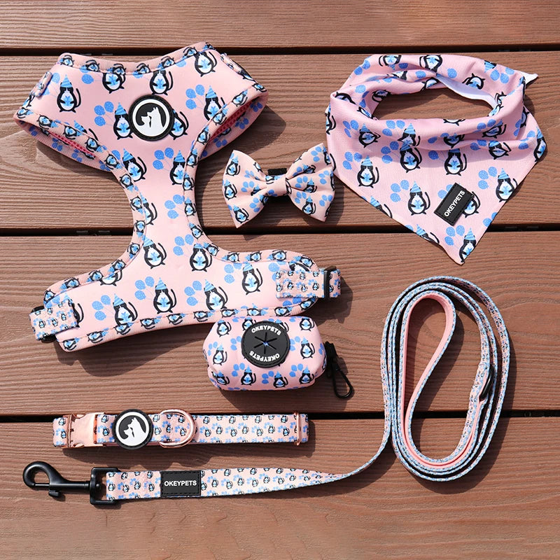 OKEYPETS Customized Pattern Luxury Printing Pet Collar Leash Soft Comfortable Adjustable Dog Harness Set Pink