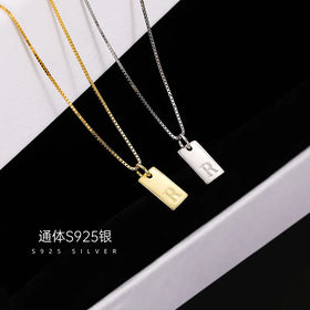 Fashion Custom Designer Simple Square Name Necklace Luxury Initial Letter Pendent S925 Sterling Silver Choker Necklace for Women