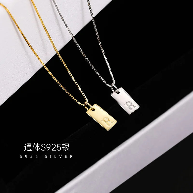 Fashion Custom Designer Simple Square Name Necklace Luxury Initial Letter Pendent S925 Sterling Silver Choker Necklace for Women