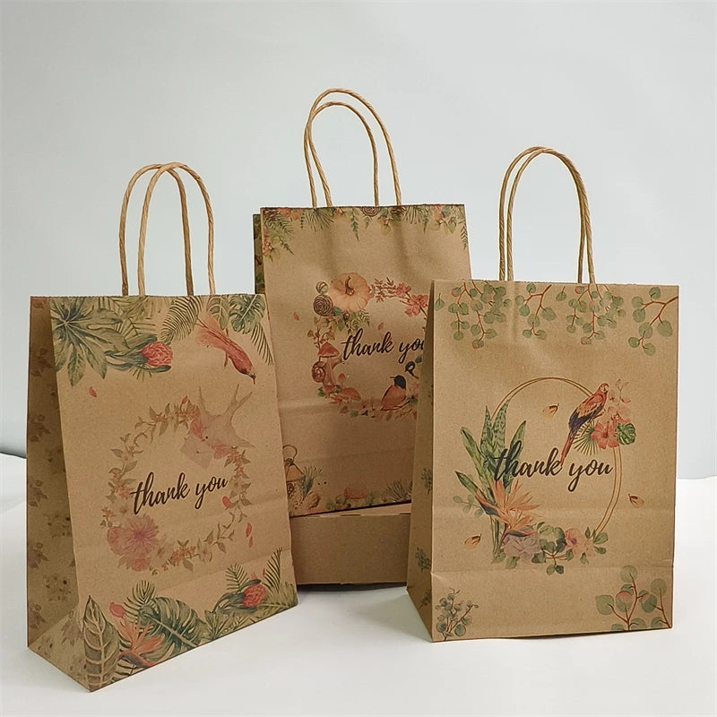 16*8*22cm Paper Gift Bags Thank You Print Brown Paper Bags With Handle for Xmas Party