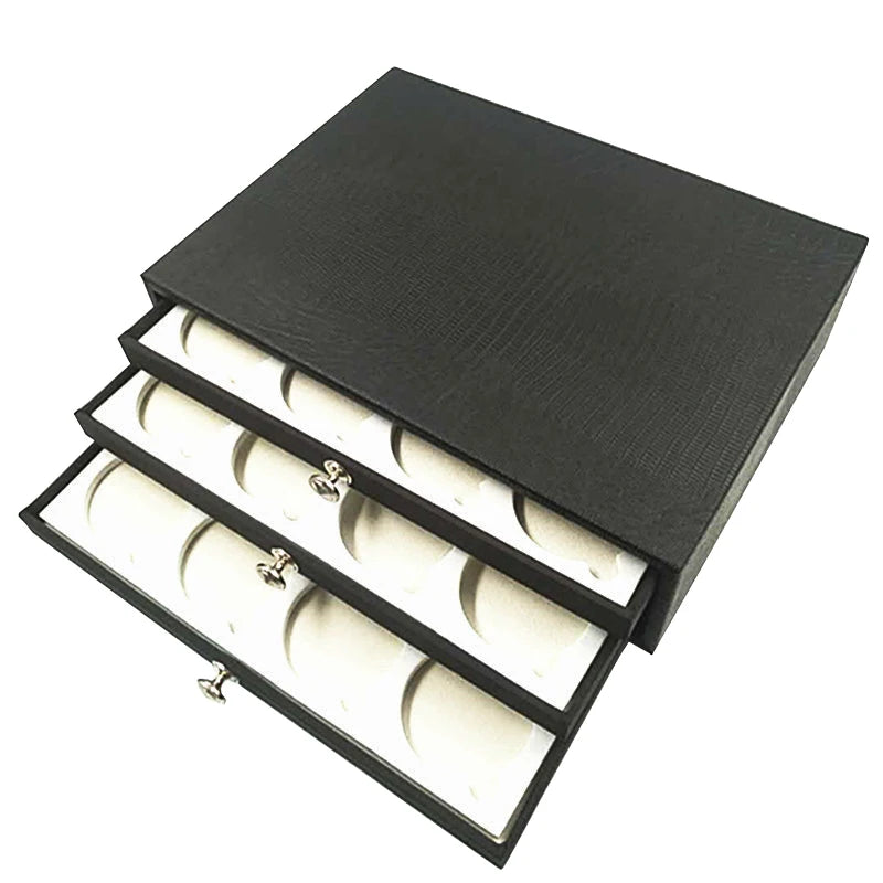 Luxury 34 Lens Display Drawer Black PU Lens Storage Box Optical Suitcase Large Size Eyeglass Showcase