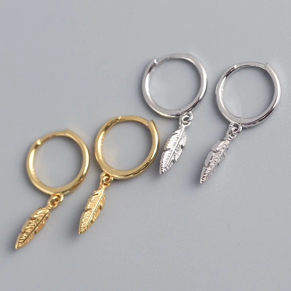 Classic Design S925 Sterling Silver Feather Charm Pendant Hoop Earrings for Women YHE0168