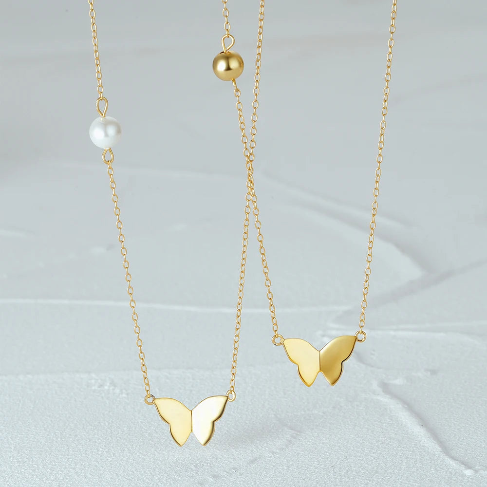 Fashion Fine Jewelry 925 Sterling Silver Simple butterfly Round Beads Golden Balls Pearl Gold Plated Necklaces for Women