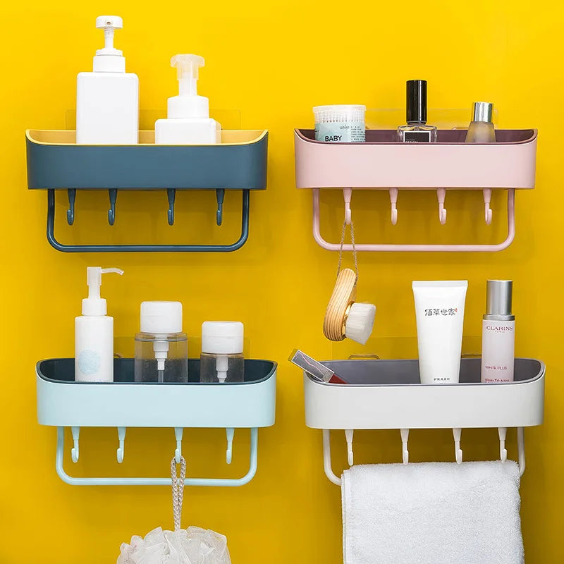 Bathroom Plastic Wall Shelf With Hooks Self Adhesive No Drilling Storage Rack Removable Plastic Sink Shelf Bathroom Organizer