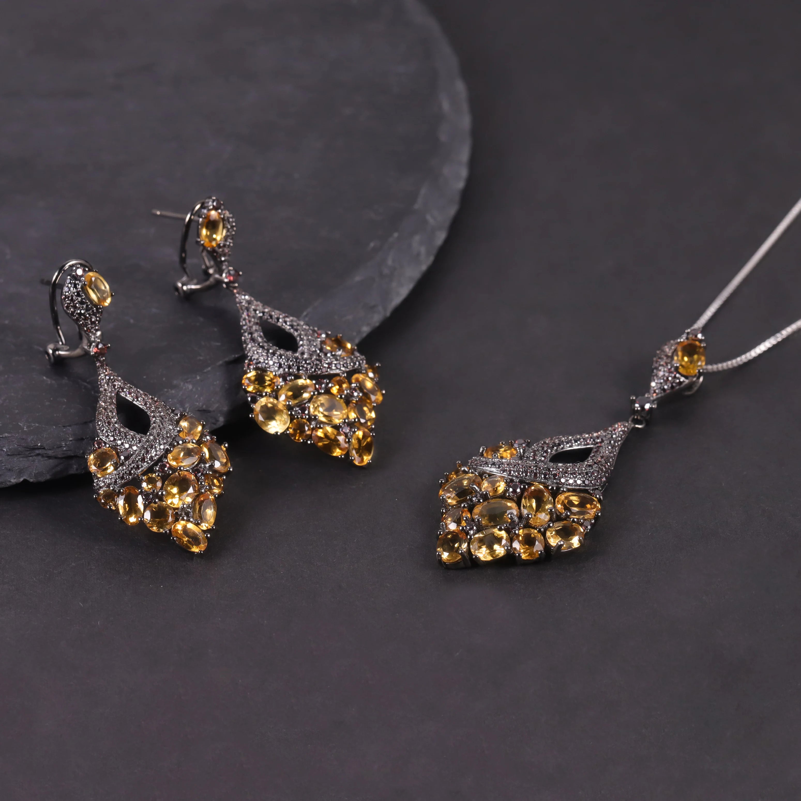 W0453 Eco-Friendly Production Jewelry Factory Citrine 925 Silver Jewellery Set Yellow Stone Wholesale New Designs Jewellery Set