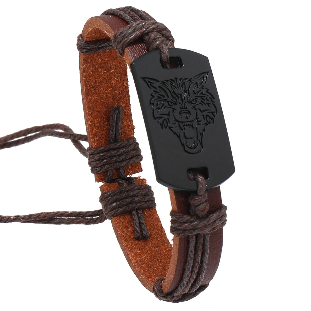 New Arrival Black Howling Wolf Beaded Bracelet Vintage Style Punk Rock Leather Bracelet Alloy Main Material Fashion for Men