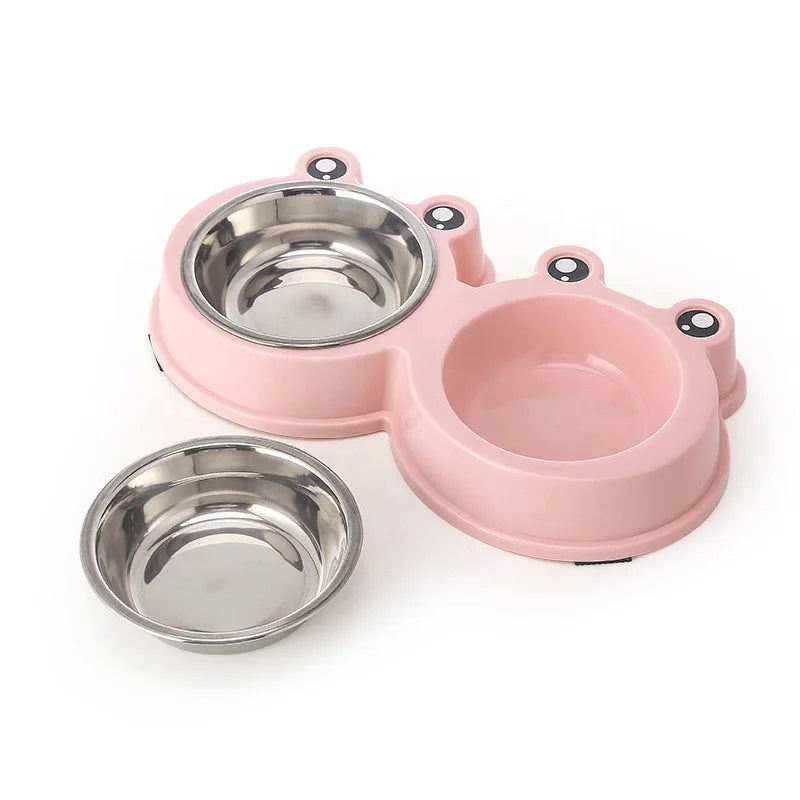 Portable Modern Raise Cartoon Pet Cat Dog Water Food Bowl Detachable Stainless Steel Metal Double Cat Bowl