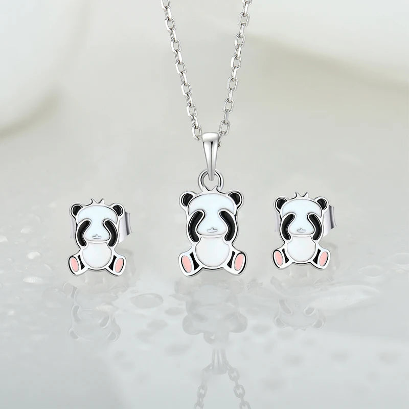 Customized Kids Animal Cute Rhodium Plated Jewellery Gifts Children's Enamel 925 Sterling Silver Panda Pendant Earrings Jewelry