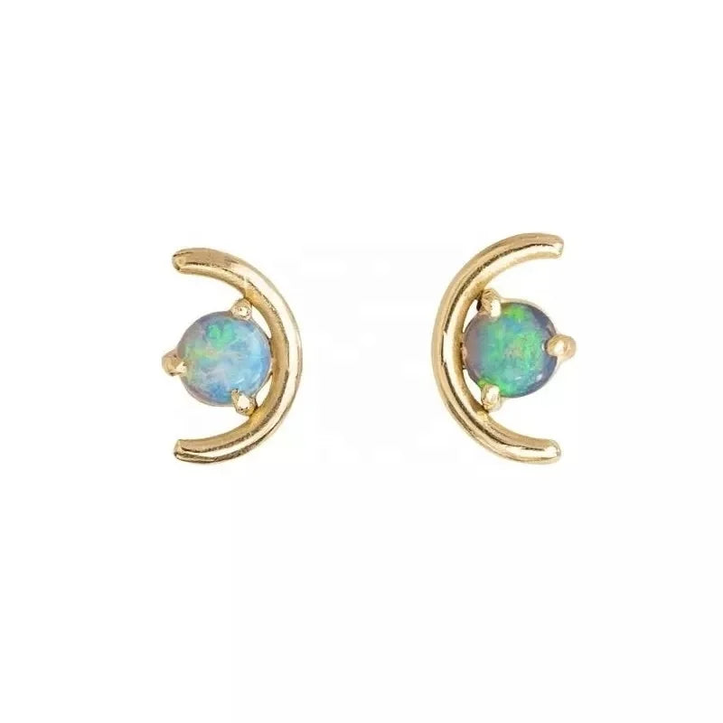 LOZRUNVE 925 Sterling Silver Cute Gold Opal Fine Moon Stud Earring Jewelry