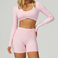 High Quality Breathable Seamless 2 Pcs Yoga Set for Women Sexy Long Sleeve Crop and Fitness High Waisted Gym Shorts Set Workout