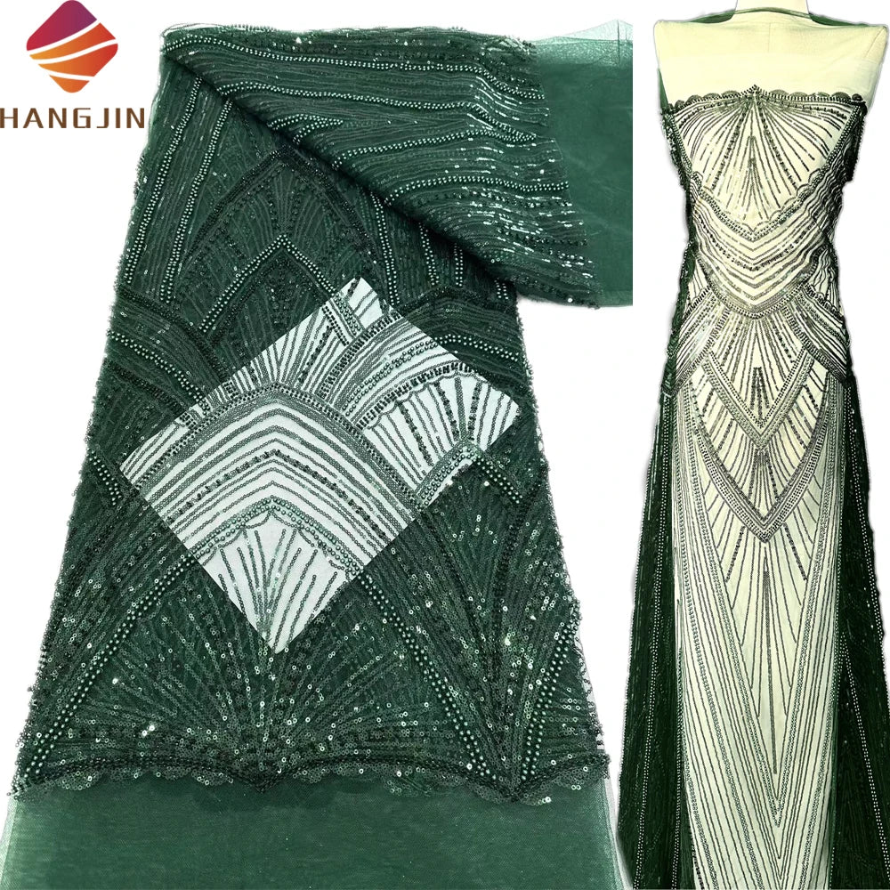 Luxury Embroidered Mesh Sequins French Tulle Lace Fabric Emerald Green Handmade African Beaded Lace Fabrics for Party Dresses