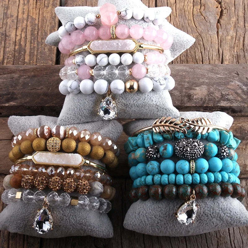 6pc Women Bohemian Jewelry Fashion Boho Alloy Druzy Leaf Bangle Set Natural Stone Crystal Glass Beads Elastic Stack Bracelet Set