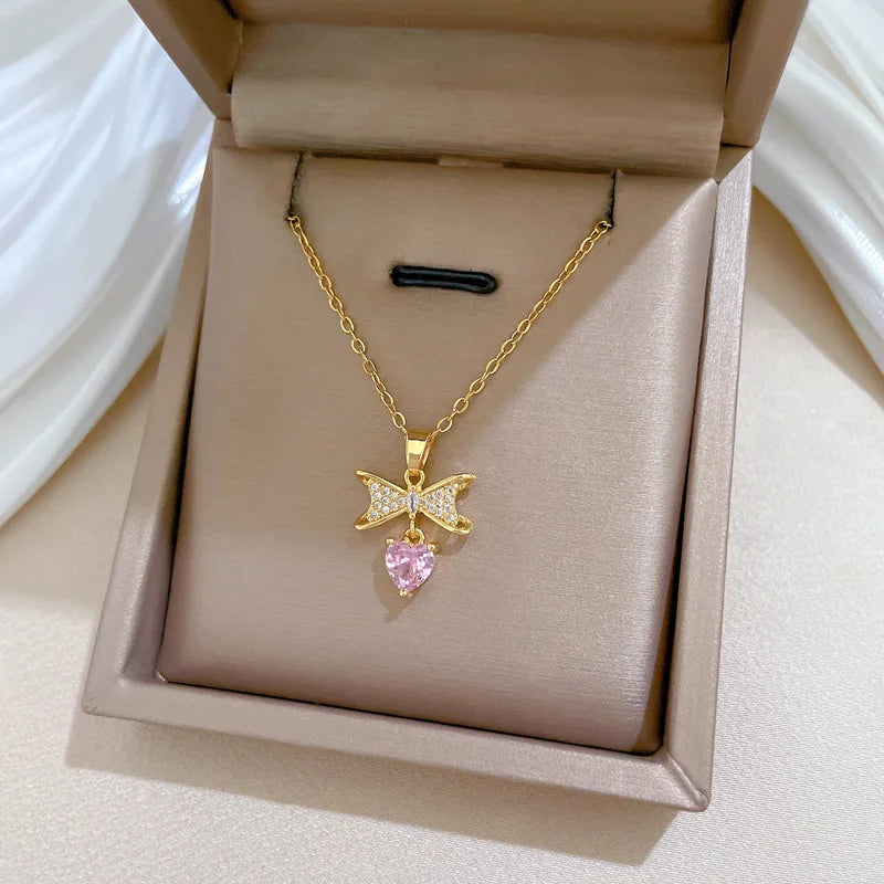 18k Gold Plated Bowknot Love Heart Light Luxury Temperament Gorgeous Full Diamond Necklace Non Fade Collar De Acero Inoxidable