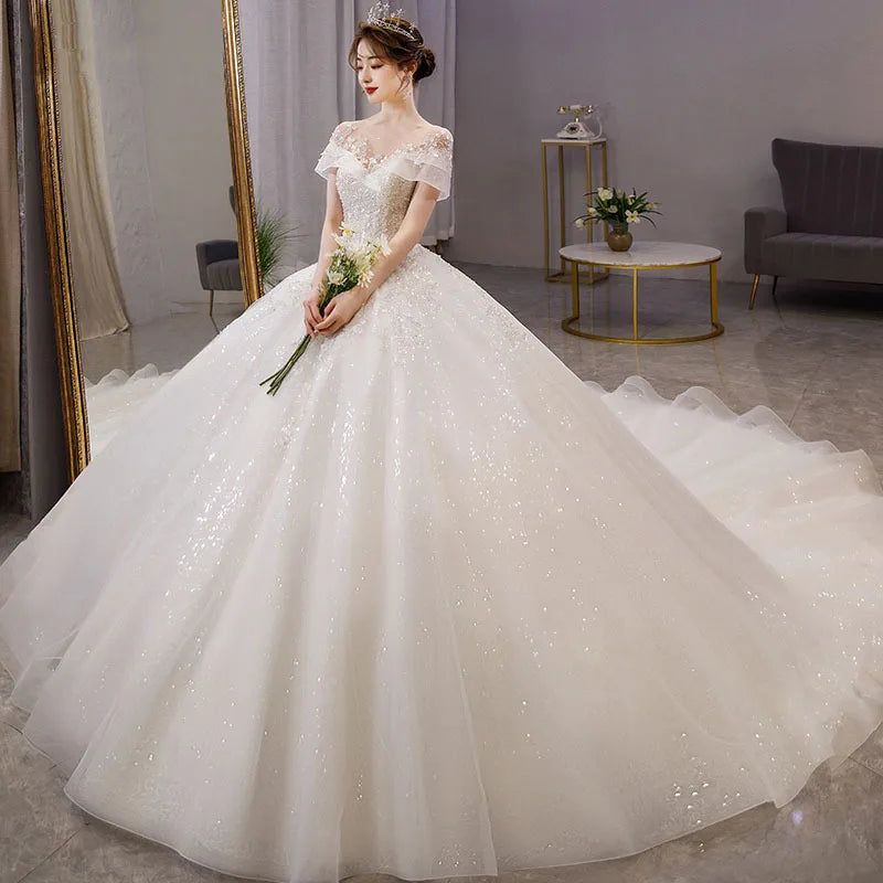 Light Lace Floral Print Short Sleeve A-Line Floor-Length Sweep/Brush Train Wedding Dress 2023 New Bride French Romantic Women's