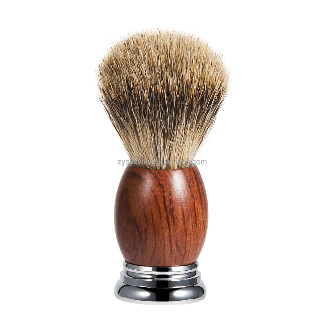 ZY Shaving Baber Brush Rich Lather Pure Badger Hair Shave Brush with Wood Handle Heavy Steel Base Beard Brush
