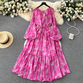 Romantic Floral Chiffon Dress Lantern Sleeve Lace up Retro Fairy Wind Dresses Contrast a Line Sweet Vestidos