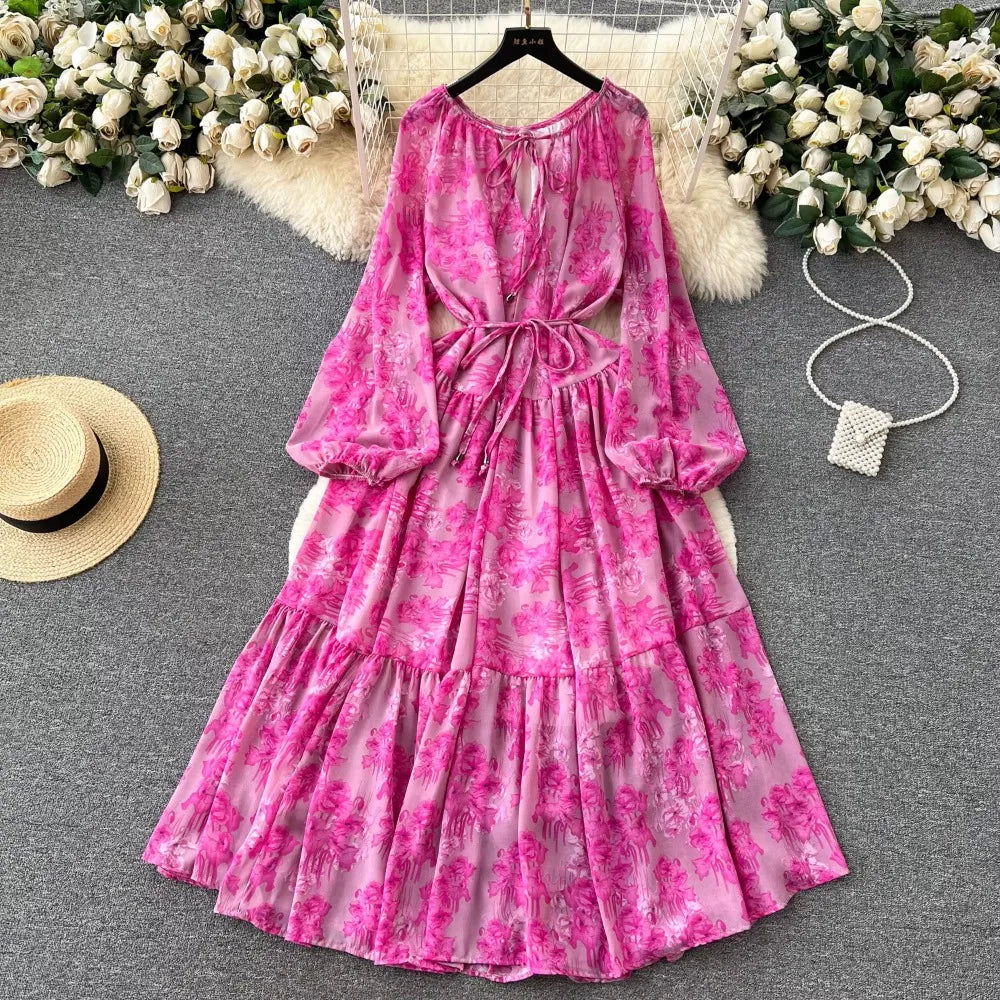 Romantic Floral Chiffon Dress Lantern Sleeve Lace up Retro Fairy Wind Dresses Contrast a Line Sweet Vestidos