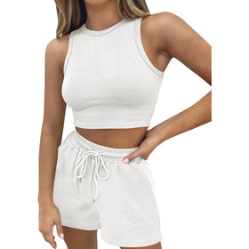 Women's 2 Piece Track Suits Outfits Workout Sleeveless Top Jogger Legging Shorts Yoga Sets