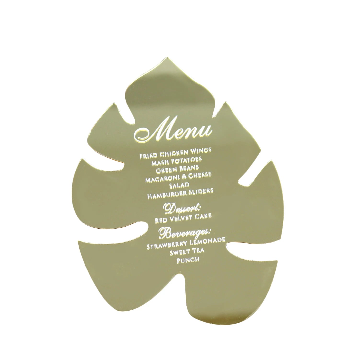 Custom Gold Mirror Leaf Shape Wedding Menu Cards Luxury White Foil Design Music Angel Fancy Letters for Birthday Acrylic Paper