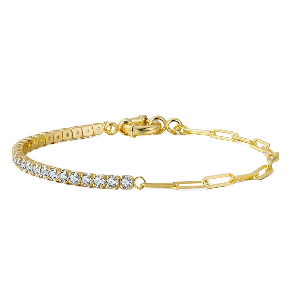 RINNTIN SB119 14K Gold Plated Half Link Chain & Cubic Zirconia Bracelet Jewelry 925 Sterling Silver CZ Tennis Bracelet Diamond