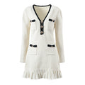 Women's Y2K V-neck Knitted Sweater Dress Small Fragrant Pleated Ruffles Elegant Casual Birthday Evening Party Dresses