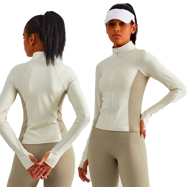 Contrasting Colors Silm Women Yoga Outdoor Jackets Custom Zipper Long Sleeves Sports Wear