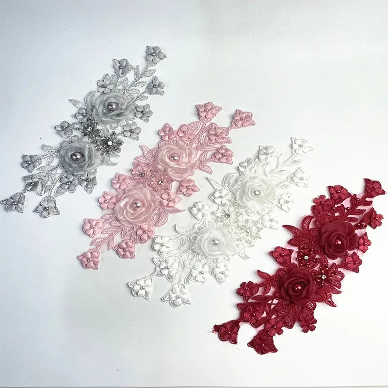 Luxury 3D Floral Pearl Beaded Lerzen Lace Applique Bridal Lace Lorik DIY Sewing Accessory for Wedding Evening Gown Prom Dress