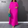 2025 Women Plus Size Loose Shirt Dresses Spring Summer Button Stand Collar Pleated Solid Color Long Style Casual Party Dress