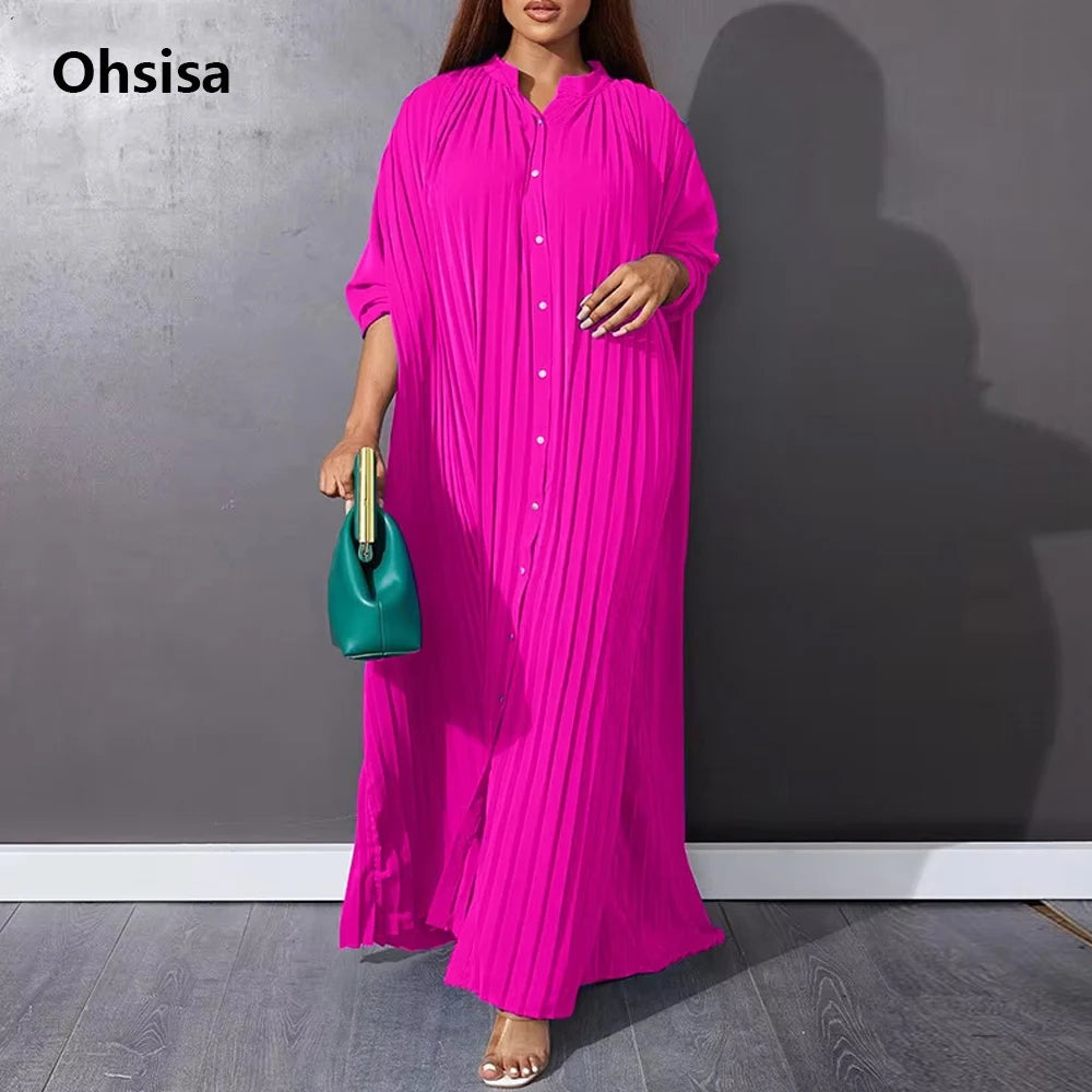 2025 Women Plus Size Loose Shirt Dresses Spring Summer Button Stand Collar Pleated Solid Color Long Style Casual Party Dress