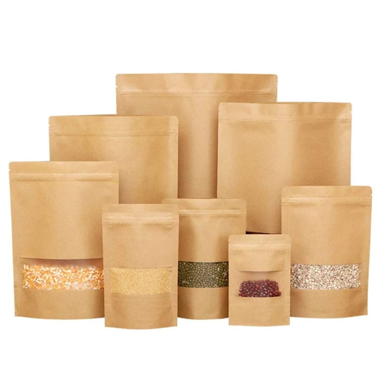 Recyclable Food Grade Zipper Seal Kraft Paper Stand up Pouch with Viewing Window for Dry Food Storage Sustainable Packaging