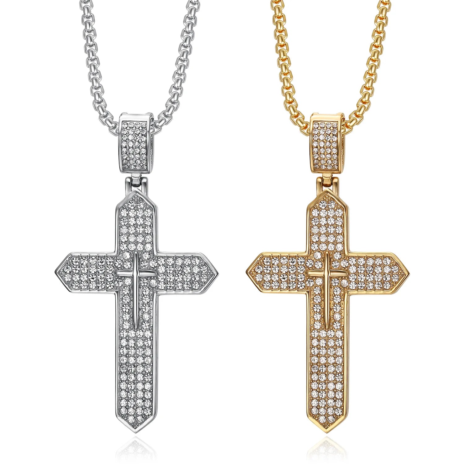 Wholesale Christianity Lab Created Zircon Cross Necklace for Women Men Stainless Steel Square Gold Plated Pendant Chain