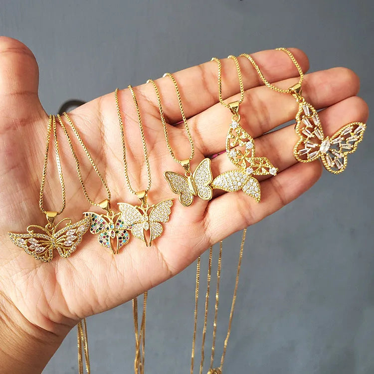 NZ1200 Trendy Charm butterfly Pendant Women Necklace fashion Shiny Cubic Zircon Charm Box Chain Ladies Necklace