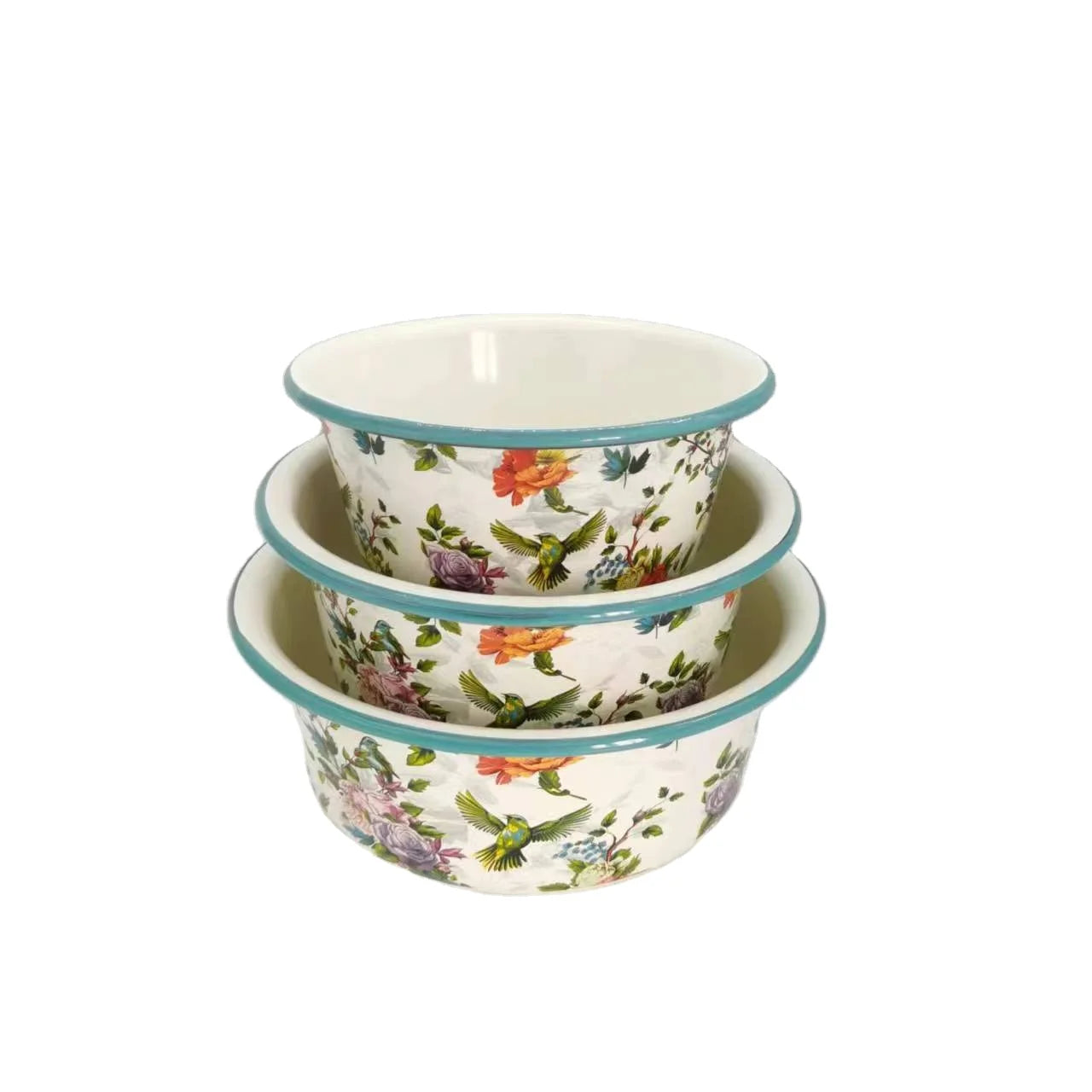 Vintage Style 3pc Enamelware Basin Set Colorful Bird Design Decorative Nesting Bowls for Salad Serving and Fruit Storage