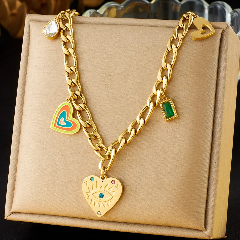 Stainless Steel Thick Chain Heart Shape Eye Pendant Necklace 18k Gold Plated Tarnish Free Heart Waterdrop Charm Necklace