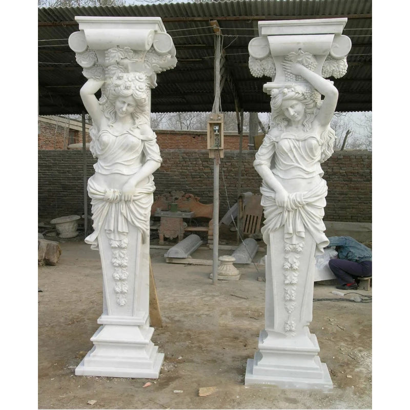 Modern Design Decorative Hand Carved Lady Statue Roman Pillar Marble Column for Villa Gazebo Outdoor Decor