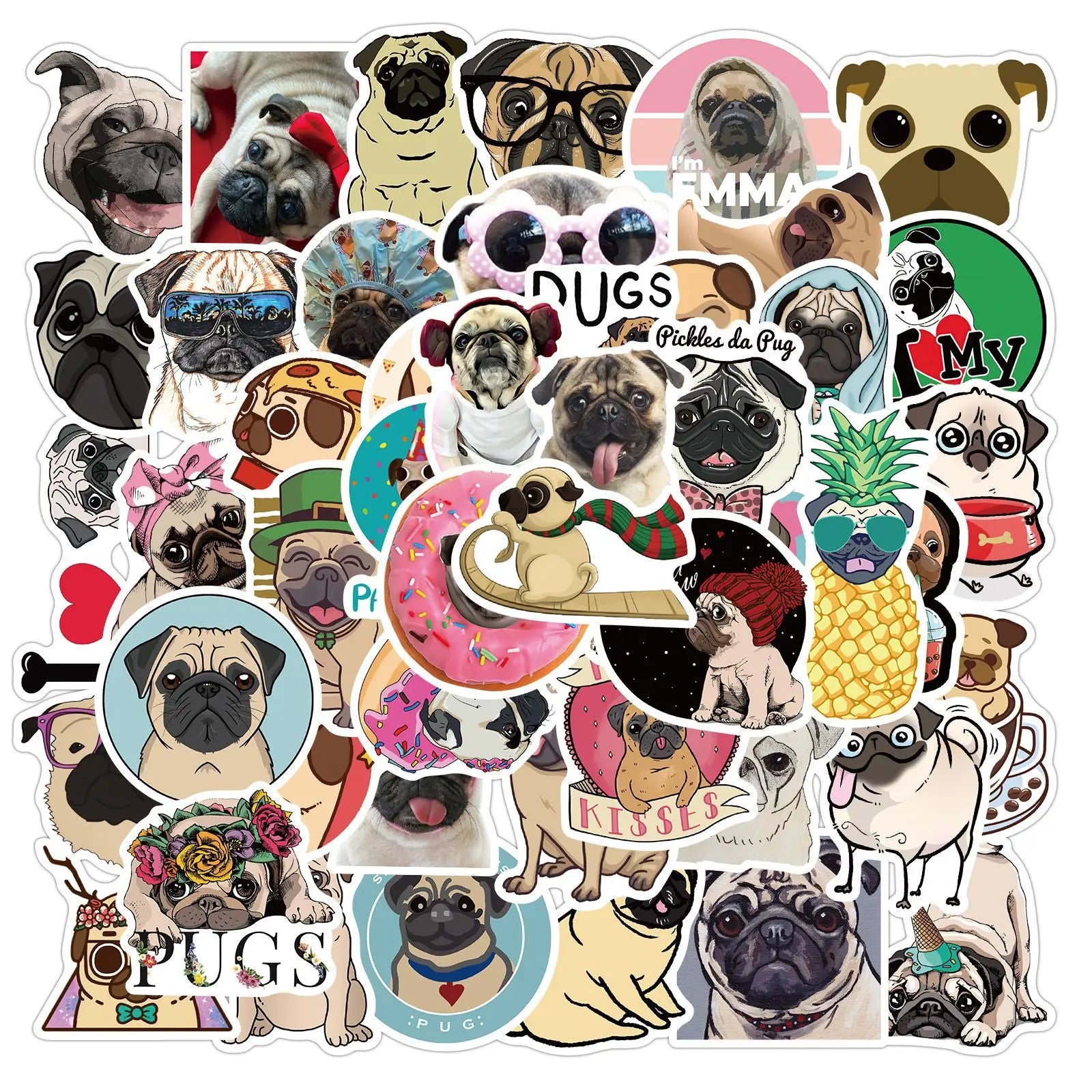 50Pcs Cute Cartoon Pug Dog PVC Decorative Stickers for Pet Bottle Laptop Phone Waterproof Funny Sticker